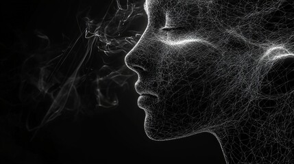 A monochrome side profile image features a human face formed by a web of fine lines, symbolizing digital complexity and interconnectedness against a black backdrop.