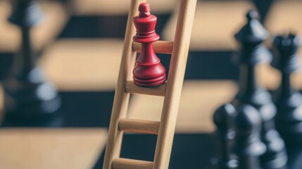Chess king climbing a success ladder, representing challenges, hard work, and achievement.