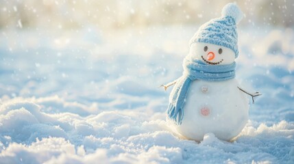 Obraz premium Cute snowman with blue scarf and hat sitting in snowy field, soft blurred background,perfect for Christmas and seasonal designs, holiday cards, and winter-themed marketing materials. 