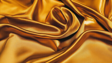 A close-up of luxurious golden satin fabric, showcasing smooth textures and elegant folds.