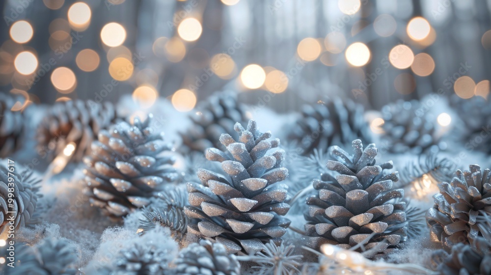 Poster a snowy field with a bunch of pine cones scattered around