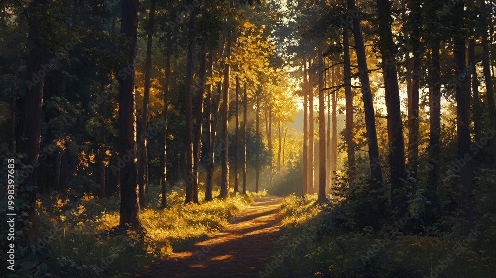 Poster sunbeams filtering through dense forest trees illuminating a path in the woods.