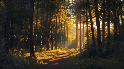 Fototapeta premium Sunbeams filtering through dense forest trees illuminating a path in the woods.