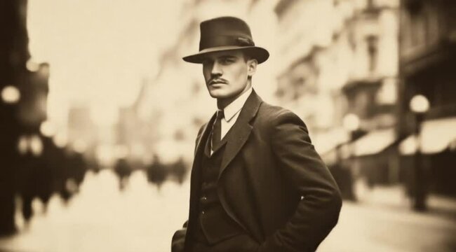 19th century man in a suit alone in the street, vintage 1900s 