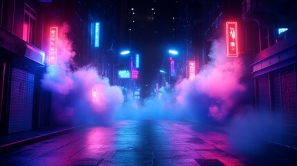 Obraz premium Dark empty street with neon lights, spotlights, smoke, and a dark blue background, creating a night scene atmosphere.