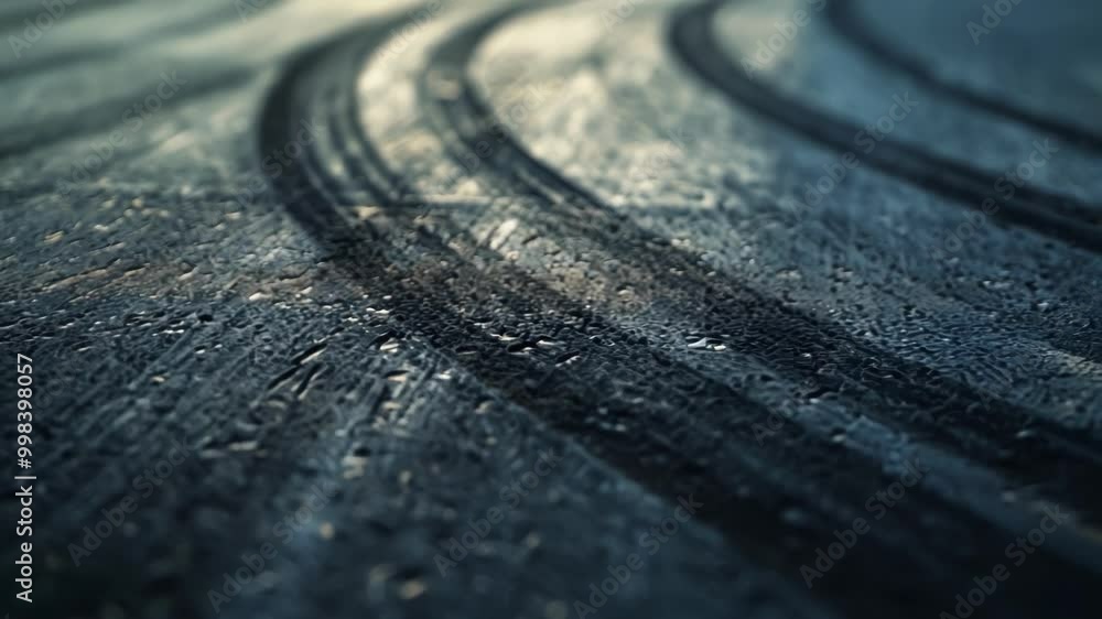 Poster close up view of black tire marks skidding on wet asphalt, creating a textured and gritty background
