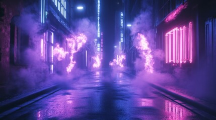 Dark empty street with neon lights, spotlights, smoke, and a dark blue background, creating a night scene atmosphere.