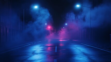 Fototapeta premium Dark empty street with neon lights, spotlights, smoke, and a dark blue background, creating a night scene atmosphere.