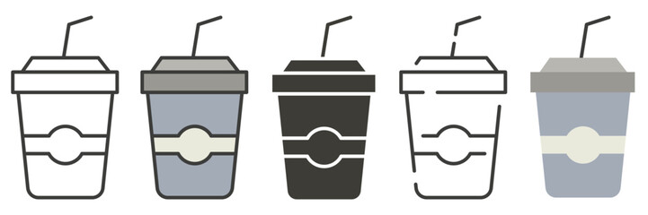 A glass of coffee with a straw. A set of cups for hot coffee. Illustrations in flat style.