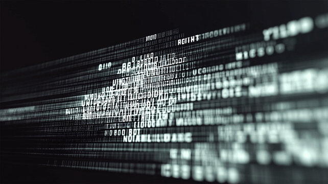 A digital visualization depicting flowing data streams, featuring text characters in a dynamic, abstract arrangement against a dark background.
