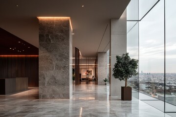 Obraz premium A luxury high-rise building lobby with large windows, marble floors, lush greenery, elegant wooden accents, and breathtaking cityscape views, creating a sophisticated ambiance.