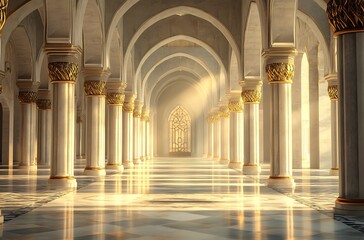 A mosque interior with golden arches and columns, bathed in sunlight. The walls have intricate geometric patterns