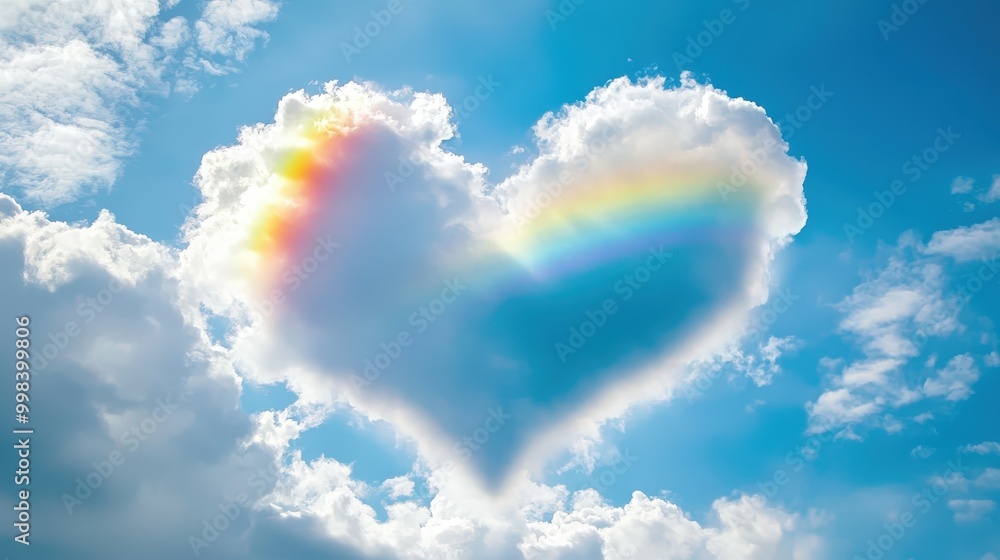 Poster rainbow heart: create an image of a heart-shaped cloud with a rainbow arching above it, symbolizing 