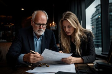 Fototapeta premium A mature man and a focused woman scrutinize important documents in a tastefully decorated office, emphasizing diligence and professional analysis.