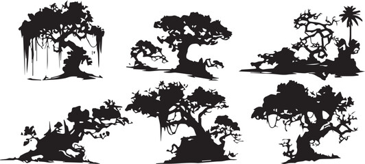 Silhouette tree set. Side view, set of graphic trees elements outline symbol for architecture and landscape design drawing. Hand drawn vector illustration