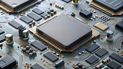 Close-up macro of a computer circuit board with microchips, resistors, and capacitors, showcasing the intricate details of modern electronic technology
