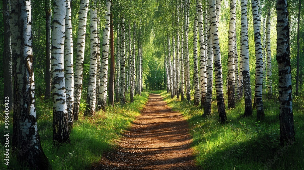 Poster sunbeams illuminate a path through a birch tree forest, creating a peaceful and serene atmosphere.