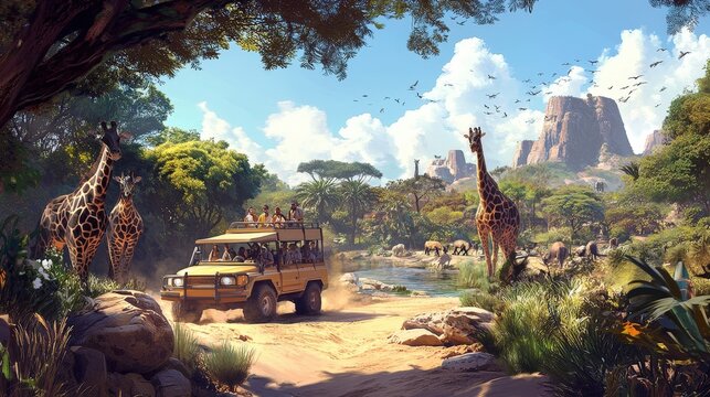 Fototapeta Safari Tour: Create a scene of a safari tour within the zoo, with visitors riding in open vehicles, observing exotic animals in naturalistic settings.