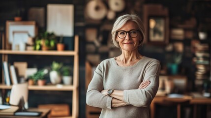 A confident senior businesswoman stands in her office with arms crossed, exuding success and positivity, while looking at the camera in a financial building
