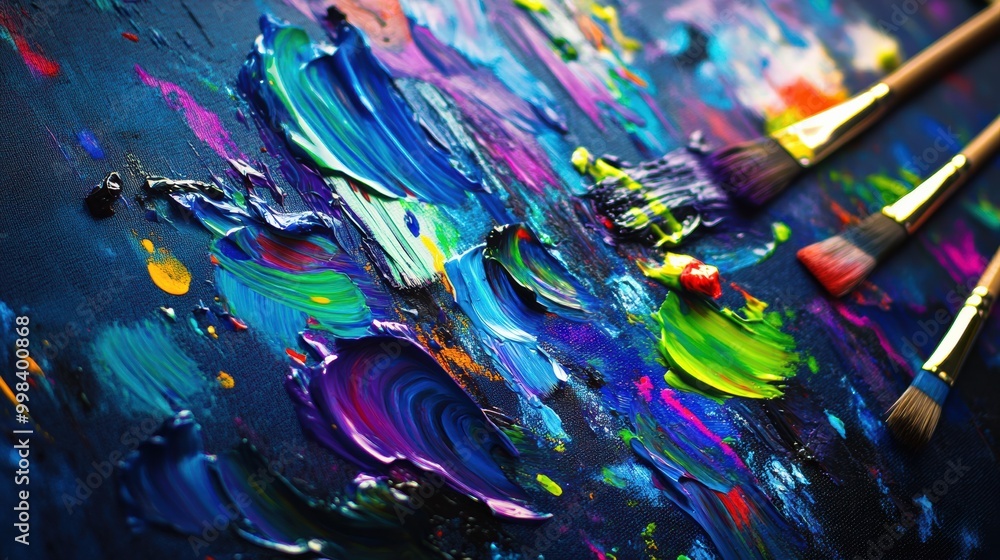 Poster bright colors splash across a palette while paintbrushes rest beside a canvas showcasing dynamic abs