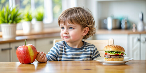 Fototapeta premium There is a plate of vegetable salad in one hand and a burger in the other. Healthy natural organic fresh vegetarian food vs unhealthy processed fast food. Lunch or snack decision