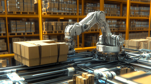 A robotic arm handling packages in a warehouse filled with shelves of boxes, showcasing automation in logistics and supply chain management. - Powered by Adobe