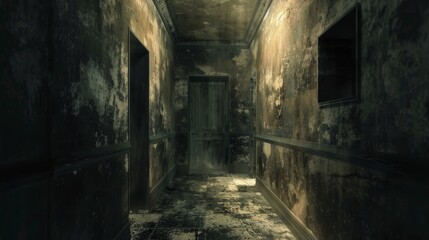 Obraz premium Haunting Corridor in Abandoned and Decaying Building with Grungy Eerie Atmosphere