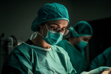 A doctor in scrubs and a surgical mask leaning over a patient in a sterile operating room, focused on their task, emphasizing hygiene and protection