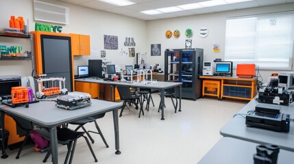 A classroom where students use 3D printers and robotics kits to explore STEAM concepts.