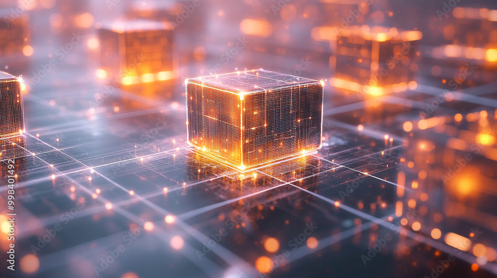 Poster blockchain network of interconnected glowing cubes. concept of virtual business team.