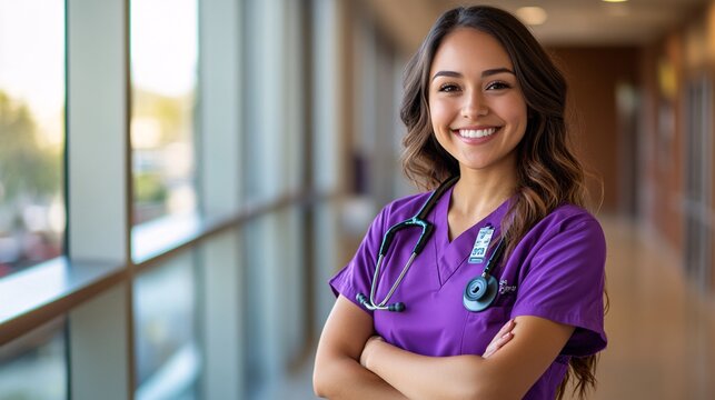 A portrait shot of a beautiful young female nurse in purple scrubs smiling  in a modern hospital