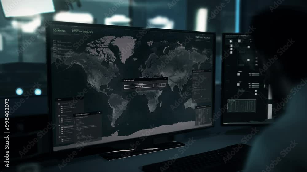 Aufkleber futuristic spying system accessing virtual satellite imaging of the world. futuristic tracking syste