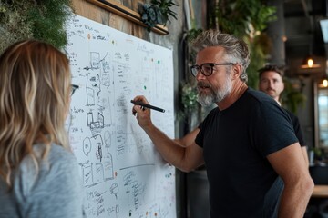 A bearded man in glasses uses a black marker to explain concepts on a whiteboard, with a background of a modern office and green plants, expressing teamwork.