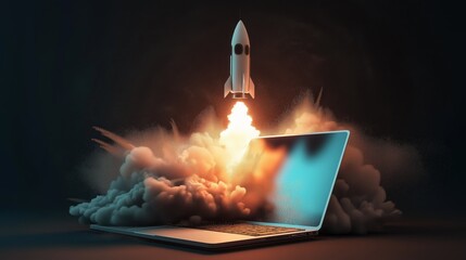 Space rocket launching from computer, laptop