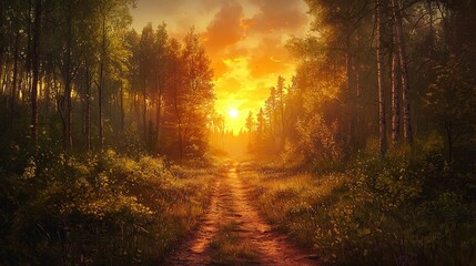 Fototapeta premium Sunbeams illuminate a path through a forest with vibrant golden foliage and a dramatic sky.