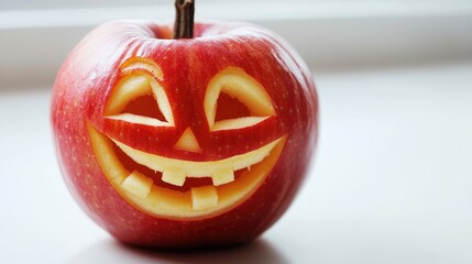 Halloween themed fruit decoration with carved red apple and smiling face on white background