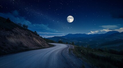 Rural mountain road at night with the moon descending. 