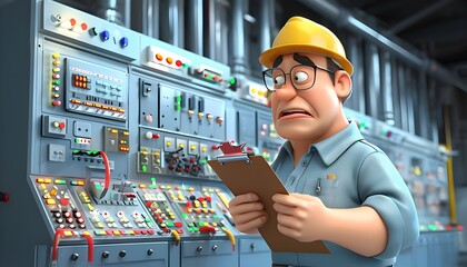 The Bob the Boss would be standing next to a control panel, looking at his clipboard in confusion.