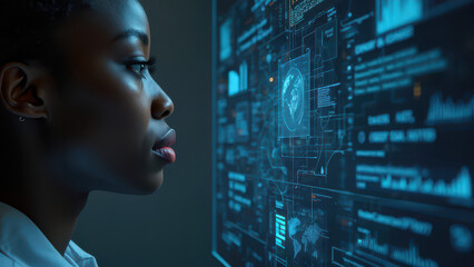 AI cyber security threat illustration. Black African American female IT specialist analyzing data information technology, augmented reality artificial intelligence collage, side profile, copy space