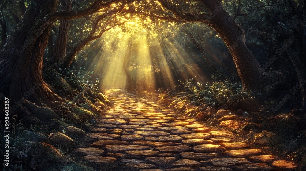Poster sunbeams illuminate a stone path leading through a mysterious forest.