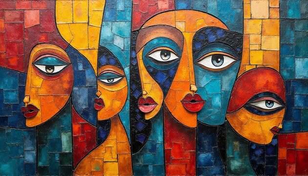 Fragmented colorful abstract faces in vibrant geometric style