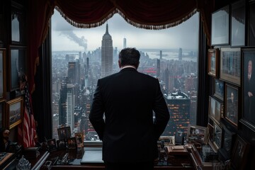Obraz premium A man in formal attire stands with his hands on a desk, gazing out an office window at an overcast city skyline, creating a sense of contemplation and focus.