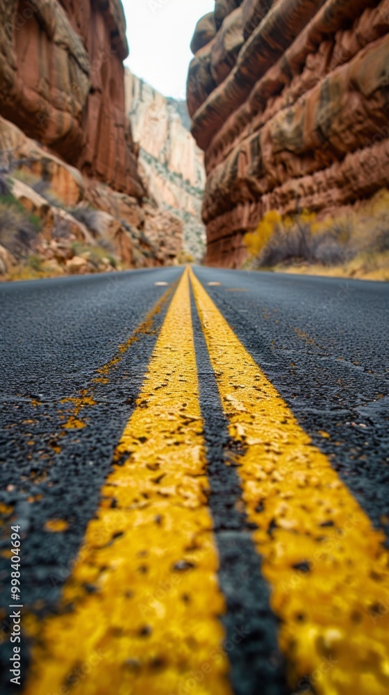 Poster a road with yellow lines and a mountain in the background
