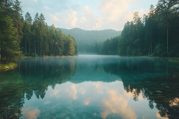 Fototapeta premium In the morning light a serene landscape unfolds, where the tranquil lake reflects the majestic mountains and their enchanting surroundings, creating a scene that feels both timeless and magical
