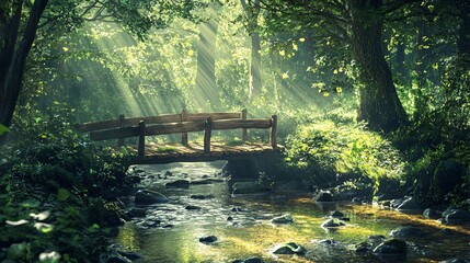 Sunbeams illuminate a wooden bridge over a clear stream in a lush forest.