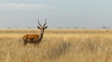 Fototapeta premium Lone Gazelle Standing Amidst Dry Savanna Grasslands in Africa