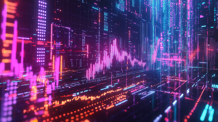 Obraz premium A neon-lit digital graph displaying complex financial data points, including stock indices and futures contracts, representing the dynamic nature of modern trading. This vivid visualization captures t