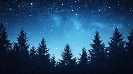 Starry Sky Over a Forest: Design a depiction of a dense forest under a clear, starry sky, with trees silhouetted against the starlight