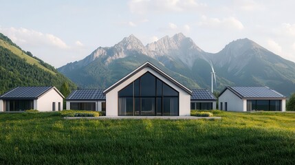 Obraz premium Mountain resort powered by a hybrid energy system with solar, wind, and energy storage, sustainable tourism technology