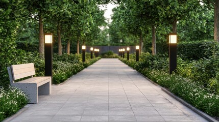 Obraz premium Futuristic urban park with solar-powered lights and energy storage benches, sustainable public space design